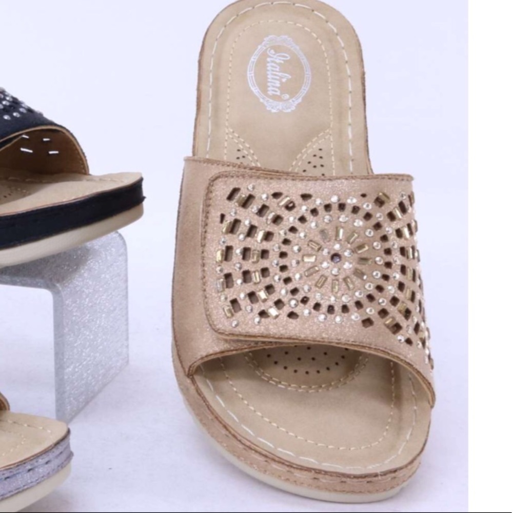 Italina Comfort Gold Velcro Strap Slide Sandal 9 - Picture 7 of 7